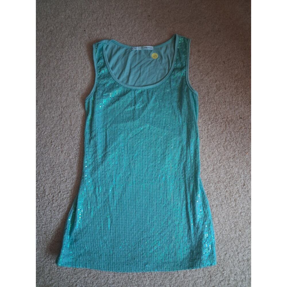maurices Women's Blue Sequin Sleeveless Scoop Neck Solid Tank Top S Regular